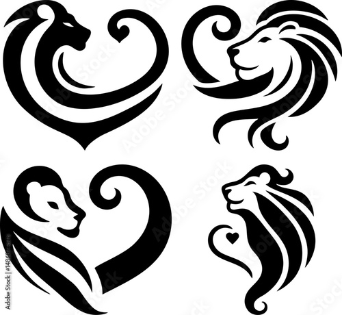 Minimal lion tattoo set in tribal vector style with zodiac Leo themes, abstract and romantic forms.