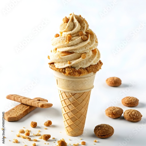 Creamy Speculoos Ice Cream Cone topped with crunchy Speculoos crumbs. A delightful close-up studio shot isolated on a white background, showcasing the waffle cone and scattered cookies. 