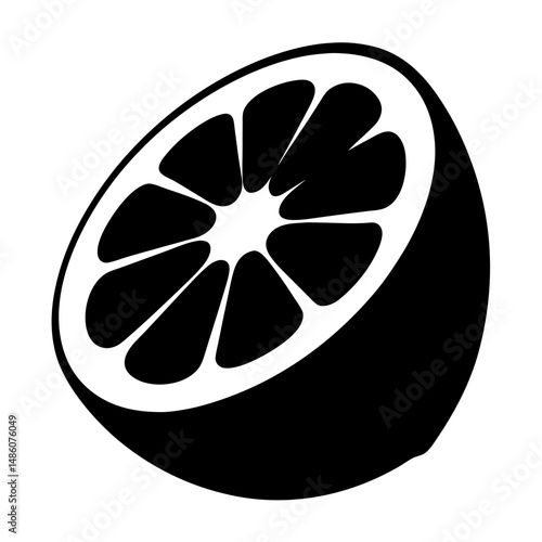 Half cut lemon with segmented pulp, black silhouette illustration artwork