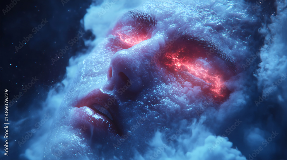 Fototapeta premium A serene visage emerges from clouds, featuring intense red eyes that glow against a backdrop of stars, suggesting a connection to the cosmos and dreams