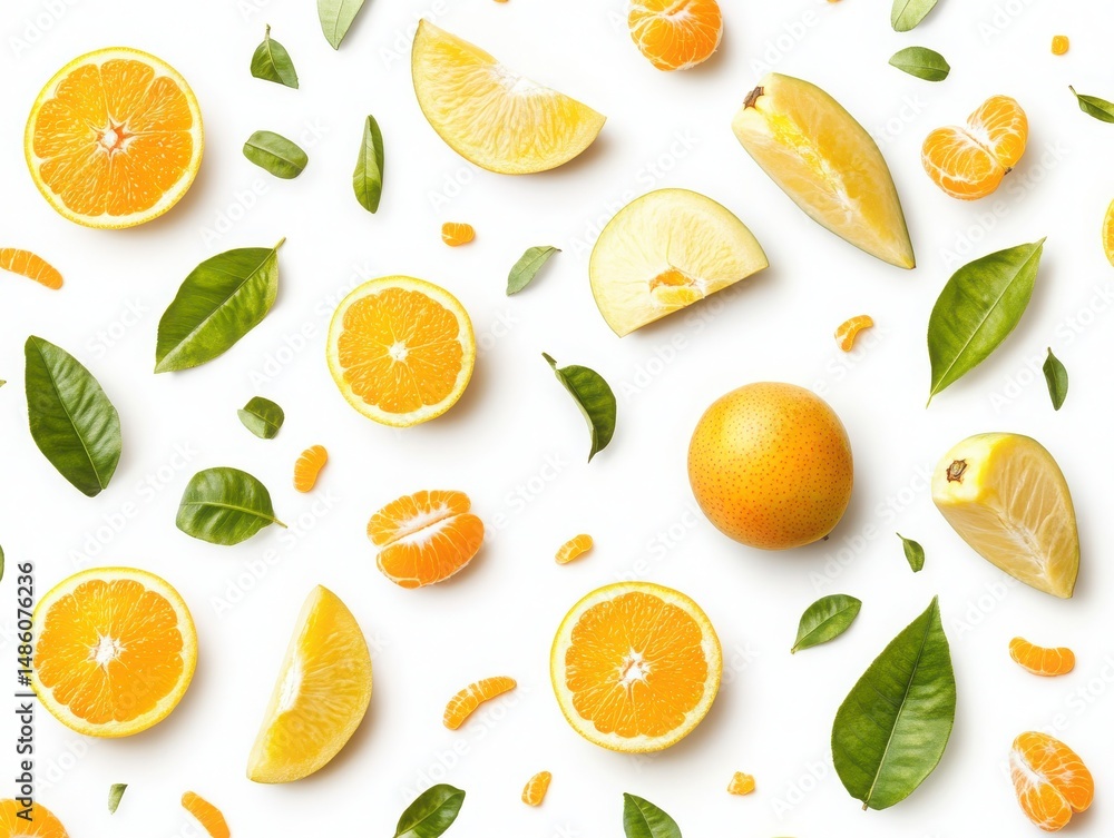 Refreshing mango slices and mixed citrus fruits, a beautiful layout perfectly isolated on pure white for versatile design. Refreshing mango slices and mixed citrus fruits, a beautiful layout perfectly isolated on pure white for versatile design.