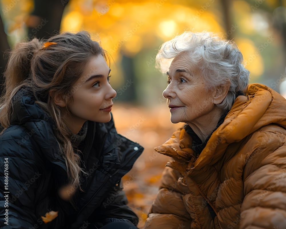 A compassionate caregiver engages in a heartfelt conversation with an elderly person in an autumn park A compassionate caregiver engages in a heartfelt conversation with an elderly person in an autumn park