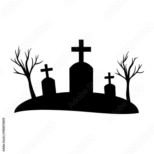 Silhouette of a spooky graveyard on a hill with bare trees at night