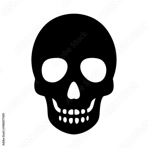 Minimalist black skull illustration with empty eye sockets and toothy grin