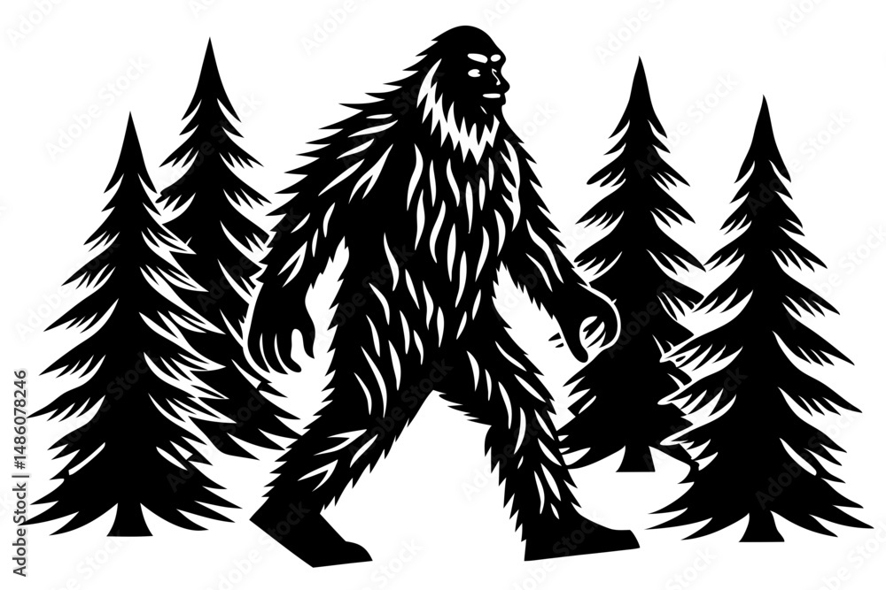 Obraz premium Bigfoot walking three quarter angle vector silhouette design with transparency, bigfoot, sasquatch, cryptid, silhouette, vector, walking, forest, mythical creature, monster, legend, cryptozoology, ani