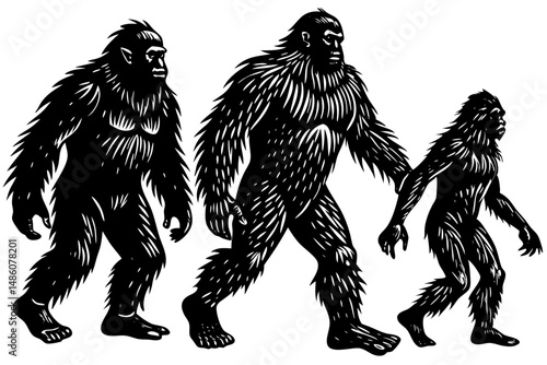 Bigfoot sasquatch family group side angle silhouette on white background, bigfoot, sasquatch, family, group, cryptid, ape, walking, side view, silhouette, monochrome, mythical creature, hairy, legend