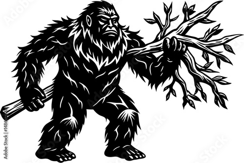 Bigfoot holding branch silhouette on white background sasquatch cryptozoology design, bigfoot, sasquatch, cryptozoology, cryptid, silhouette, branch, holding, arms, front, view, forest, woods, legenda