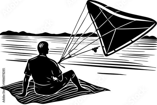 Silhouette of kitesurfer sitting with kite laid out pre ride, kitesurfer, sitting, kite, laid out, pre ride, silhouette, water sport, wind sport, summer, vacation, extreme sport, leisure, recreation