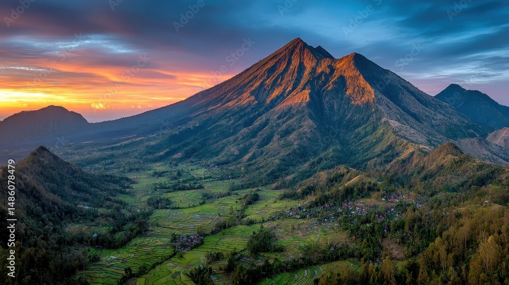 Fototapeta premium Stunning mountain with vibrant sunset in background casting warm hues over tranquil landscape and rolling hills