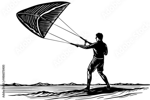 Kitesurfer silhouette launching kite side angle sport activity vector design, kitesurfing, kitesurfer, kiteboarding, silhouette, sport, action, wind, water, extreme, recreation, launch, jumping, summe
