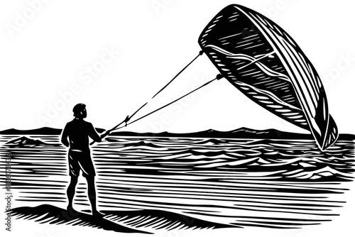 Kitesurfer silhouette vector full figure wide shot minimalist water sport, kitesurfer, kitesurfing, kite, silhouette, water sport, extreme sport, action, adventure, wind, ocean, sea, vector, illustrat
