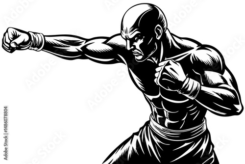 Aggressive boxer punching monochrome illustration perfect for diverse design projects, boxer, boxing, fighter, fighting, aggressive, punch, punching, sport, athlete, strong, muscle, muscular, power, p
