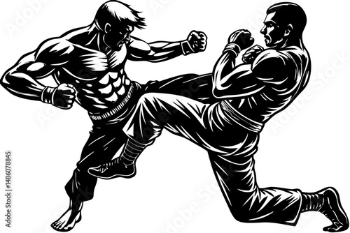 Fighter delivering knee strike silhouette on white background graphic illustration, knee strike, fighter, silhouette, combat, martial arts, front angle, vector, illustration, graphic, design, sport, a