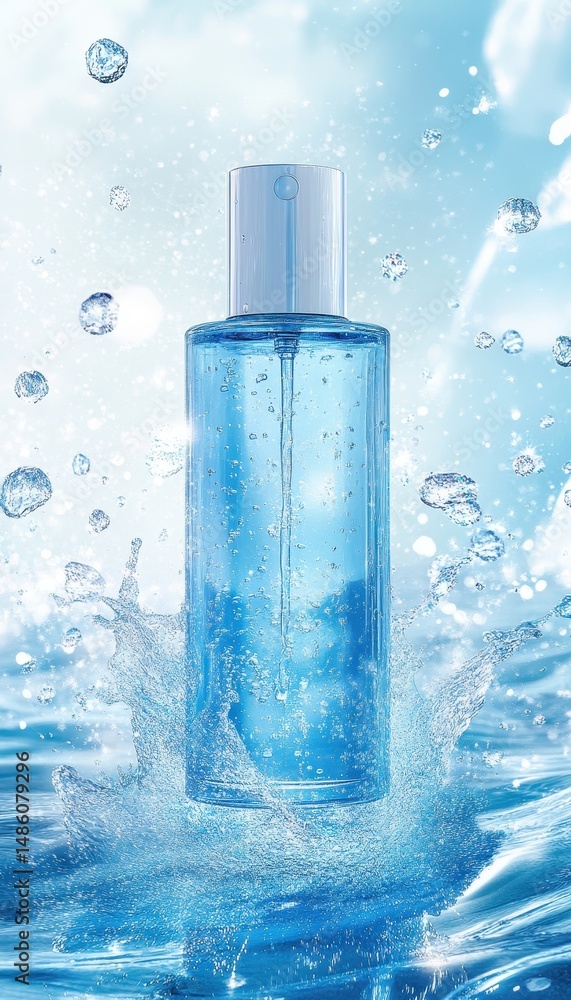 Refreshing blue spray bottle in water splash Refreshing blue spray bottle in water splash
