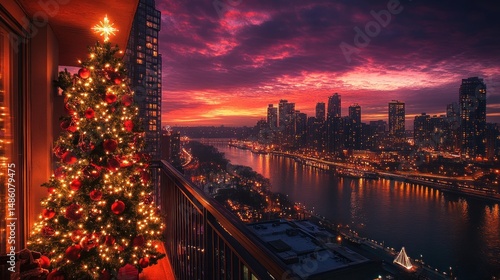 Festive Christmas tree on a city balcony at sunset