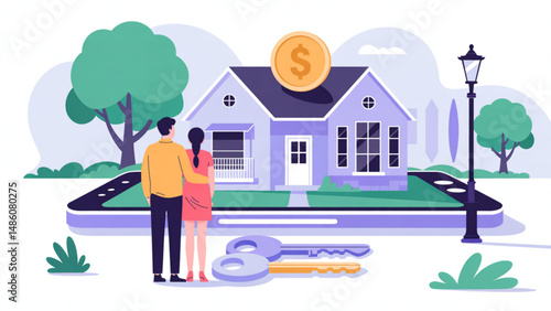 Vector illustration of couple standing in front of a house with a coin on the roof, placed on a smartphone platform representing real estate or mortgage services.