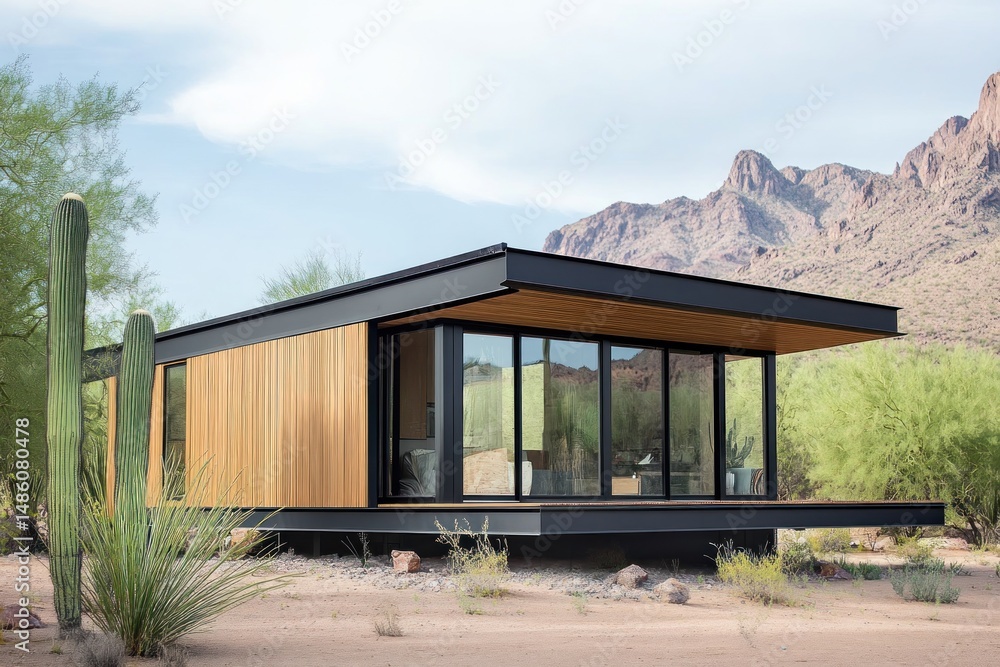 Obraz premium Modern Desert Home: Architectural marvel nestled amidst Sonoran Desert landscape, showcasing minimalist design and expansive views.