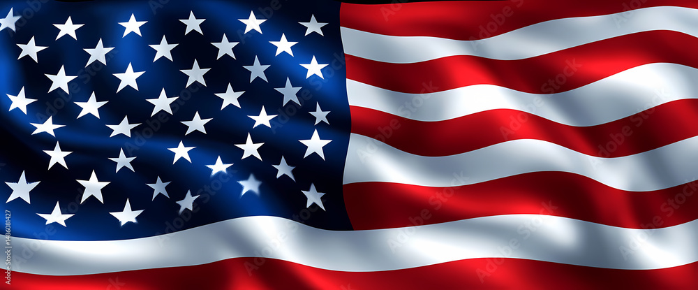 Fototapeta premium A close-up shot of an American flag waving in the wind, showcasing its vibrant red, white, and blue colors. The stars and stripes are clearly visible, creating a powerful and patriotic image.