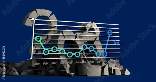 White grid and gradient line graph showing monthly data in 3D render, with cracked 2023 sculpture
