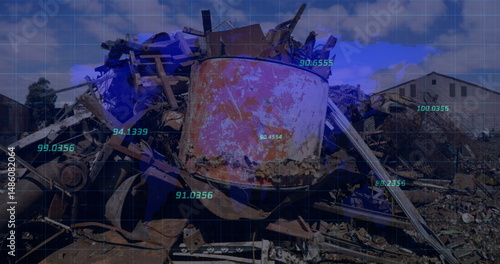 Showing large heap of rusted metal beams and pipes sitting in scrap yard, with data overlays