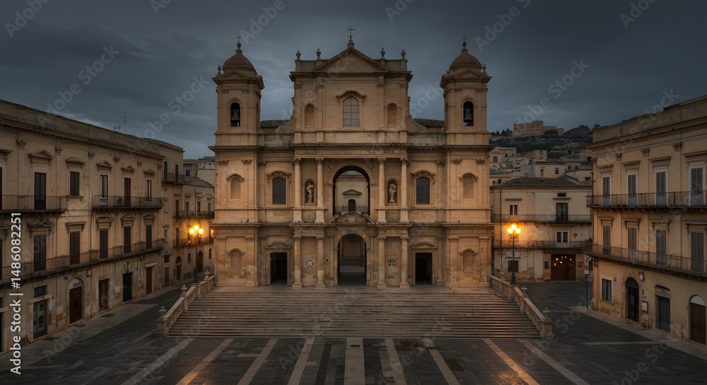 Fototapeta premium Exploring Majestic Cathedral Architecture at Dusk in City Square
