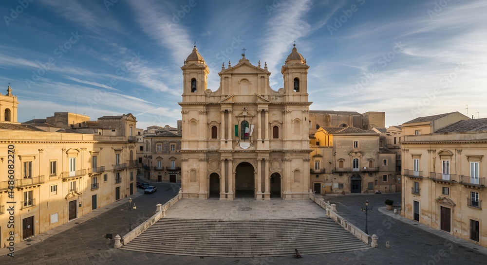 Fototapeta premium Viewing a Historic Church from Above in an Empty City Square