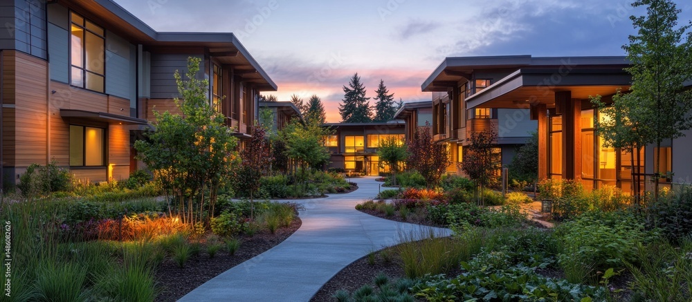 Obraz premium Luxury Apartments at Dusk: Serene Courtyard Living