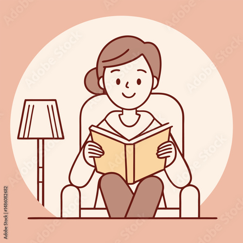 Woman Reading Book in Cozy Chair Line Art Illustration. Young woman reading book sitting in cozy  armchair isolated vector illustration.