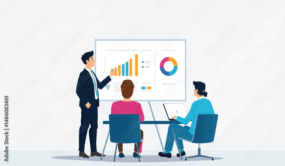 Fototapeta premium Business Presentation: Team Analyzing Data and Charts, Collaborative Meeting, Corporate Strategy Discussion