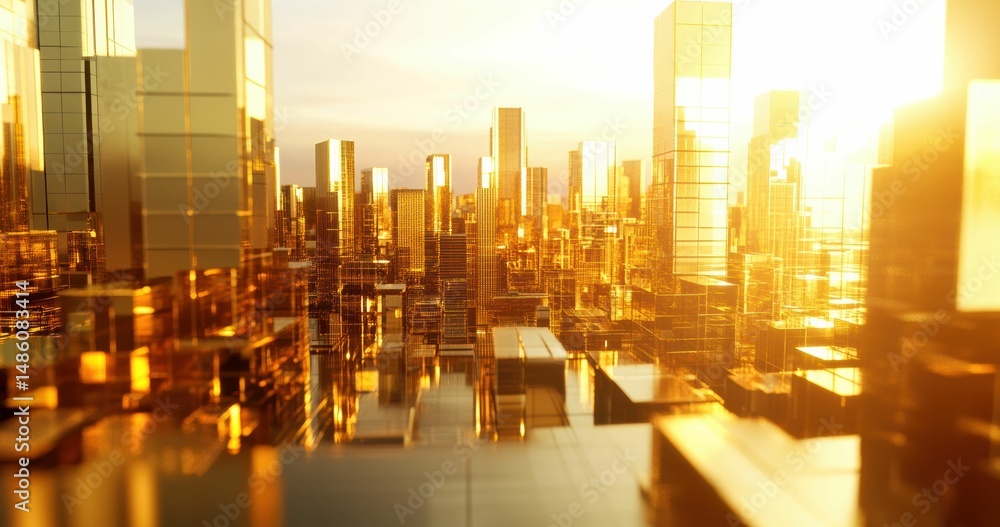 Obraz premium Golden Light and Reflections Flow Through Futuristic Cityscapes, Blending Realism and Abstraction to Evoke Innovation and Urban Energy.