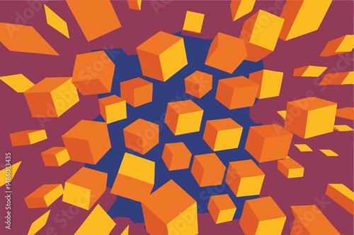 Abstract geometric composition with floating cubes and dynamic color scheme