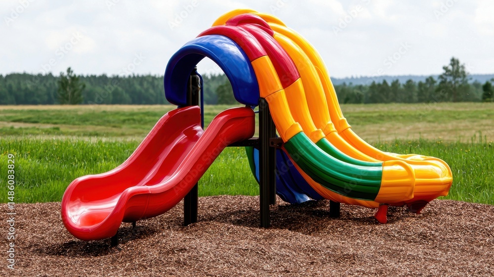 Colorful Playground Slide and Climbing Structure on Sunny Day Colorful Playground Slide and Climbing Structure on Sunny Day