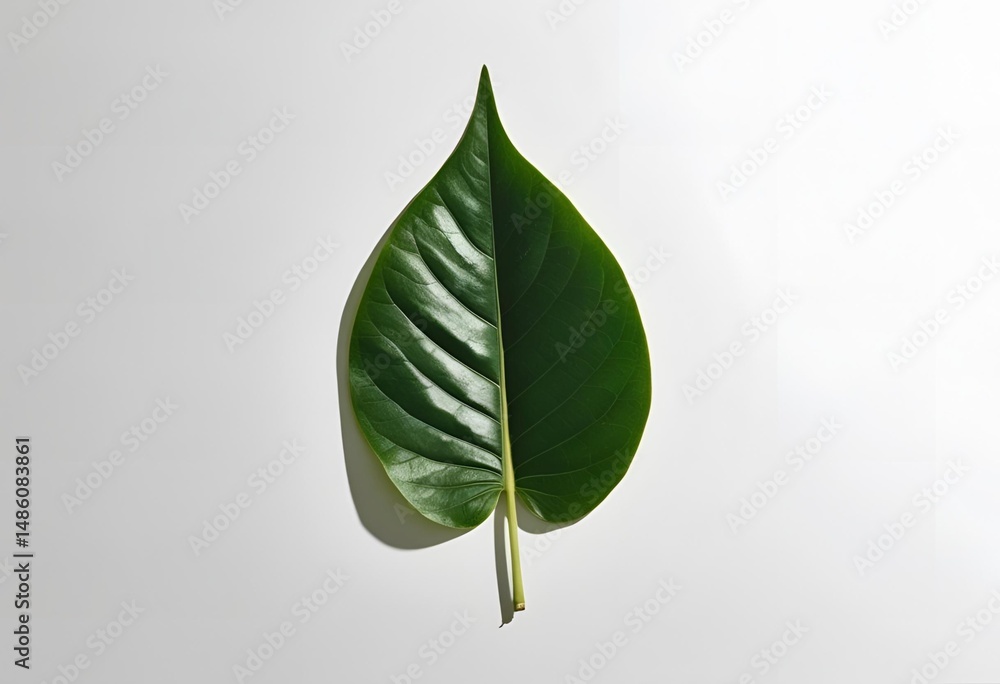 Fototapeta premium A single green leaf, photographed against a white background.