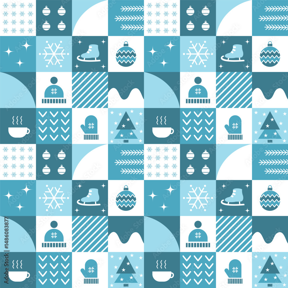 Winter Square Pattern. Seamless Geometric Checkered Print with Winter Things. Christmas Abstract Background. Template. Set. Patchwork. Christmas Ball, Snowflake, Hat, Glove, Cup. Vector in Blue. Winter Square Pattern. Seamless Geometric Checkered Print with Winter Things. Christmas Abstract Background. Template. Set. Patchwork. Christmas Ball, Snowflake, Hat, Glove, Cup. Vector in Blue.