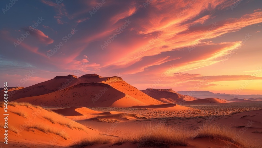 Naklejka premium Arid desert landscape featuring towering sand dunes with ridged, wind-sculpted patterns, bathed in warm, vibrant orange hues and majestic golden light, set against a dramatic, fiery sunset sky