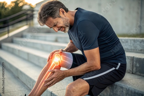 Man Feeling Knee Pain with Glowing X-Ray Illustration of Joint Inflammation photo