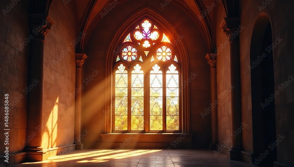 Fototapeta premium Sunlight streams through arched stained glass window, celestial, church, ray