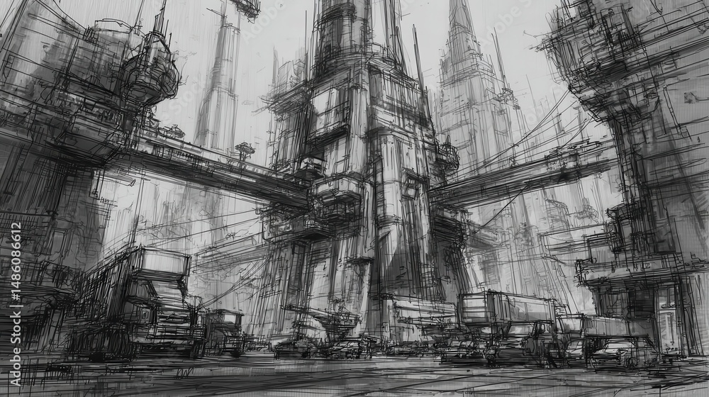Obraz premium Monochromatic futuristic cityscape design drawing.