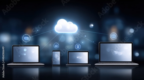 Various devices connected to a cloud network symbolizing cloud computing and data synchronization across multiple platforms.