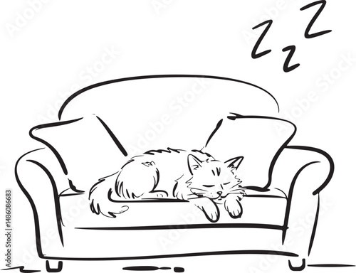 Minimalist line art of a cozy living room with a sleeping cat on the couch, continuous one line drawing, black lines on white background

