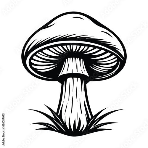 Monochrome Mushroom Detailed Fungi with Grass, Black and White Design