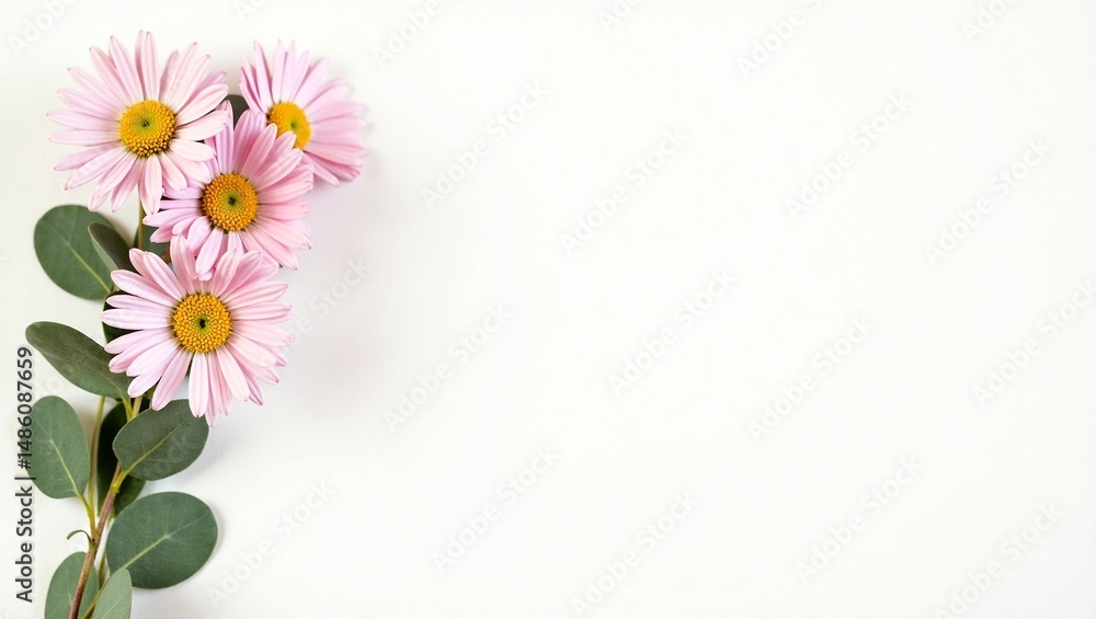 Fototapeta premium Delicate Pink Daisies and Eucalyptus Branch on White Background
