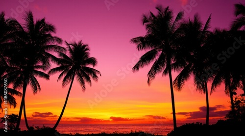 Vibrant tropical sunset with silhouetted palm trees over ocean, pink and orange sky.