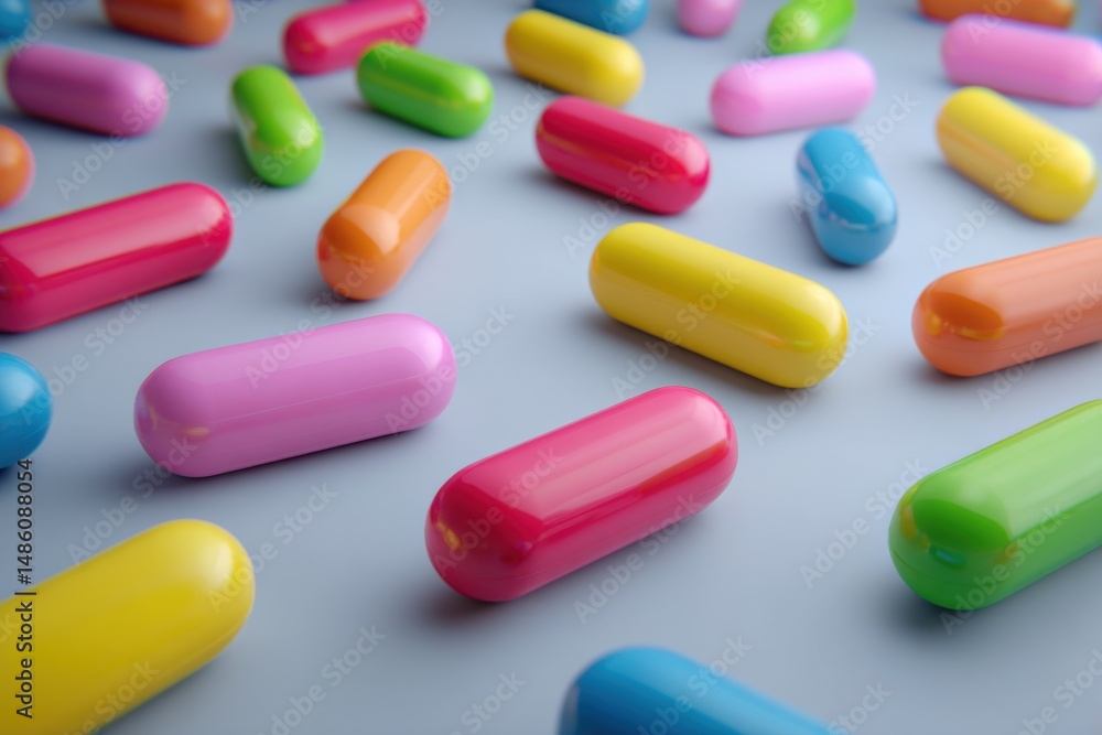 Colorful pill capsules scattered on a blue background, providing a vibrant and eye-catching display of medication and supplements, showcasing a variety of colors. Colorful pill capsules scattered on a blue background, providing a vibrant and eye-catching display of medication and supplements, showcasing a variety of colors.