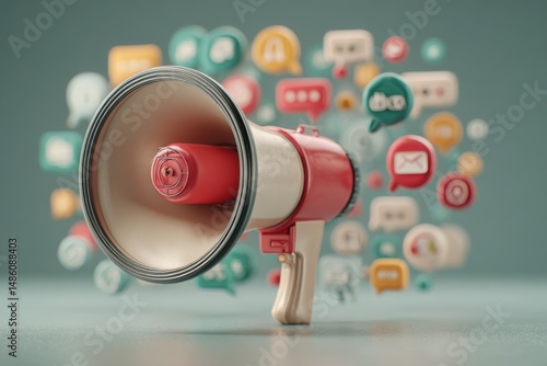 An intriguing close-up of a red and white megaphone surrounded by vibrant communication icons, illustrating announcements and the power of digital media campaigns.