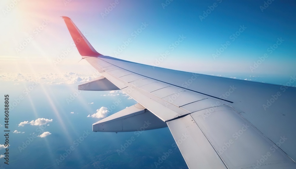 Close-up view of airplane wing, rivets visible, airfoil, clouds Close-up view of airplane wing, rivets visible, airfoil, clouds