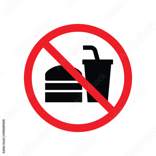No food or drink allowed sign. Food and drink prohibition sign. Warning signages in red signboard public notice. 