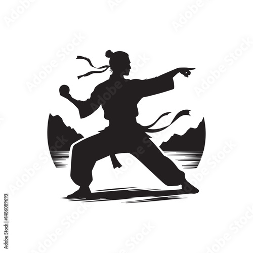 kungfu silhouette, editable vector image