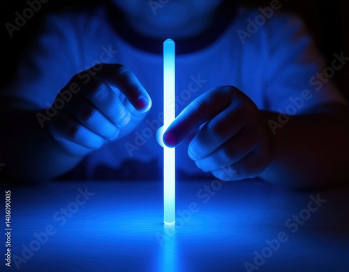 A child's hand holding a brightly glowing toy (e.g., a light stick or a toy made of phosphorescent material) in a dimly lit or dark room, creating a sense of wonder and imagination.