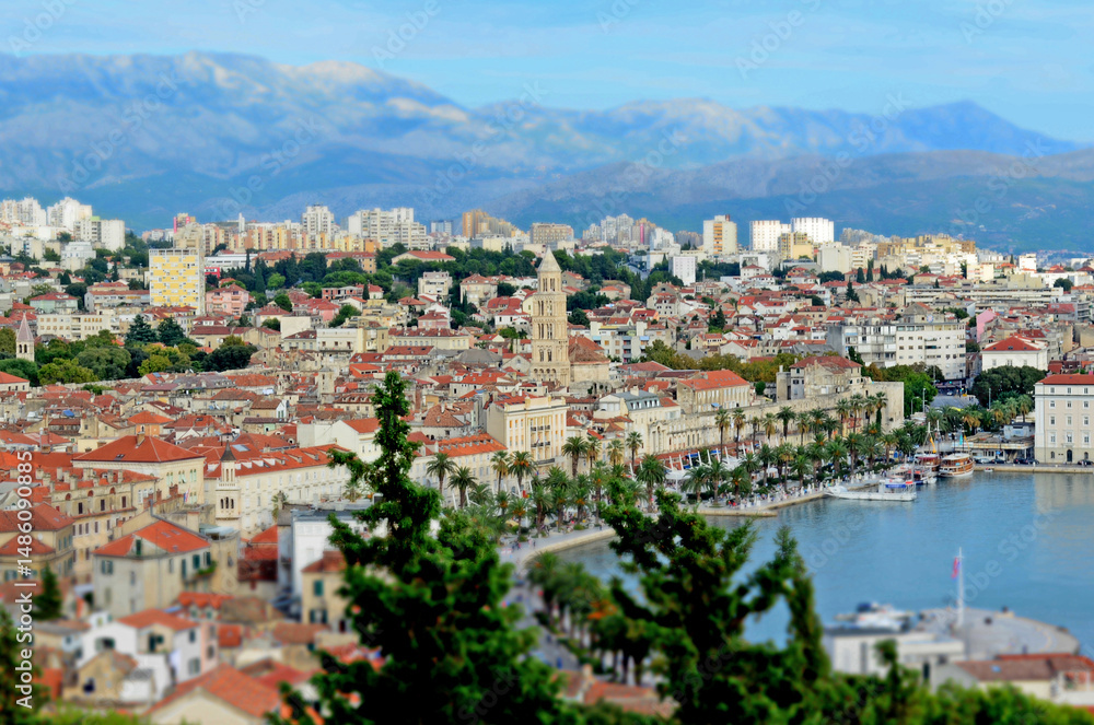 Split, Croatia - October 2, 2015: Tilt-shift view of historic city center and Saint Domnius Bell Tower with Adriatic waterfront Split, Croatia - October 2, 2015: Tilt-shift view of historic city center and Saint Domnius Bell Tower with Adriatic waterfront